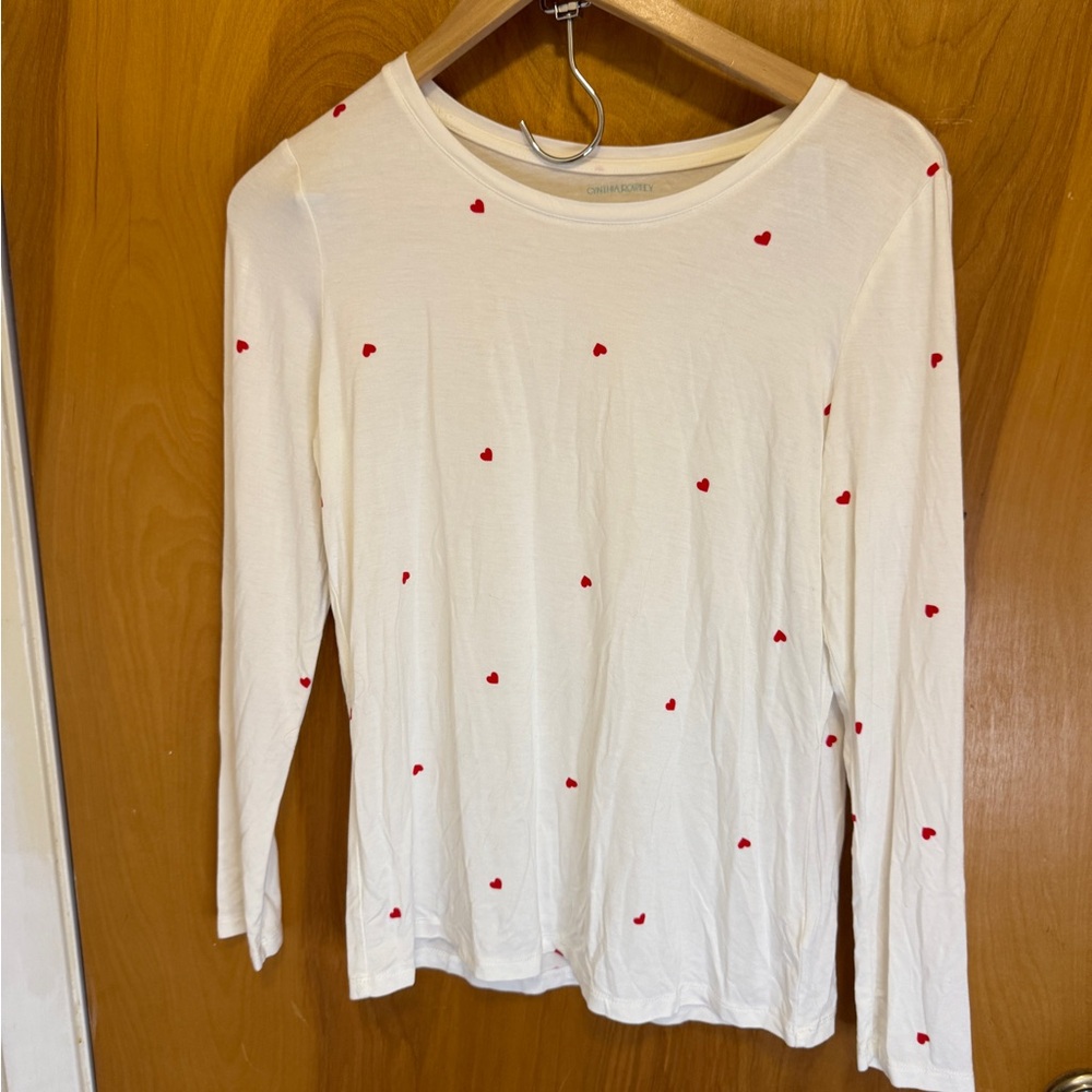 Cynthia Rowley White Long Sleeve with Red Heart Pattern